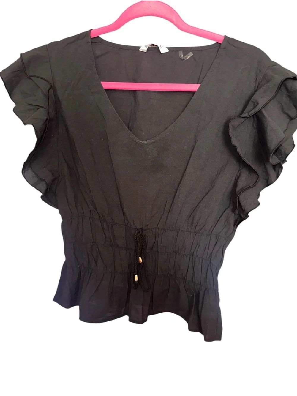 Cisono Black Ruffle Sleeve V-Neck Top. Size medium